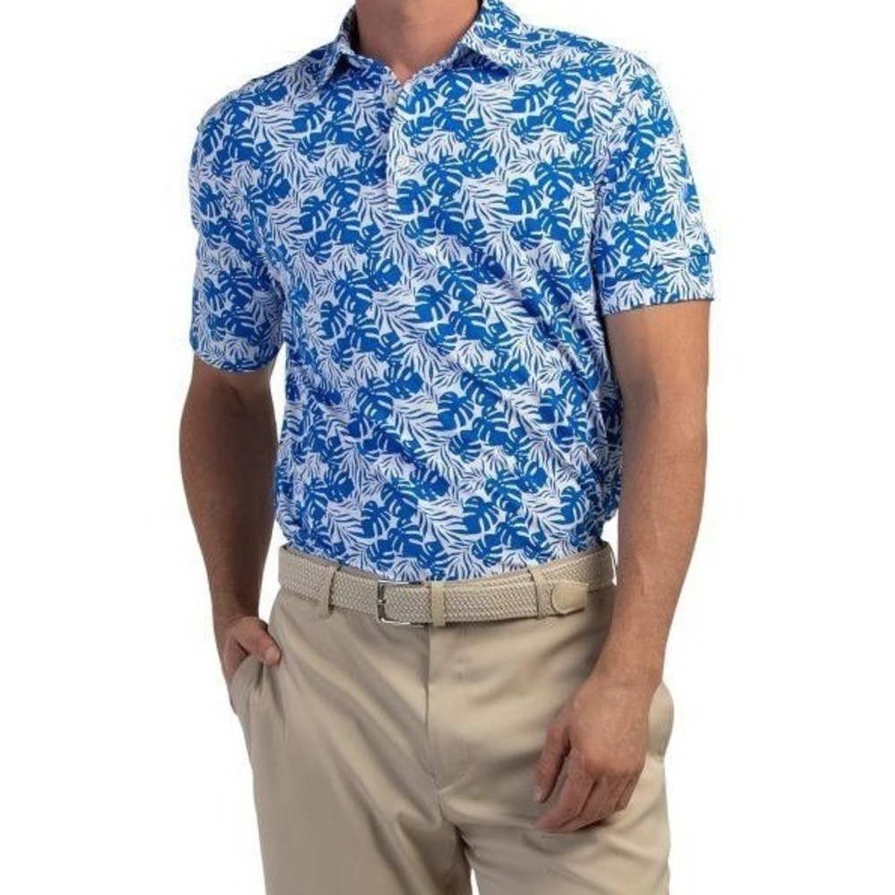 NWT‎ IBKÜL Tropical Polo Mens XL Blue White Icefil Cooling UPF 50+ Monstera Golf